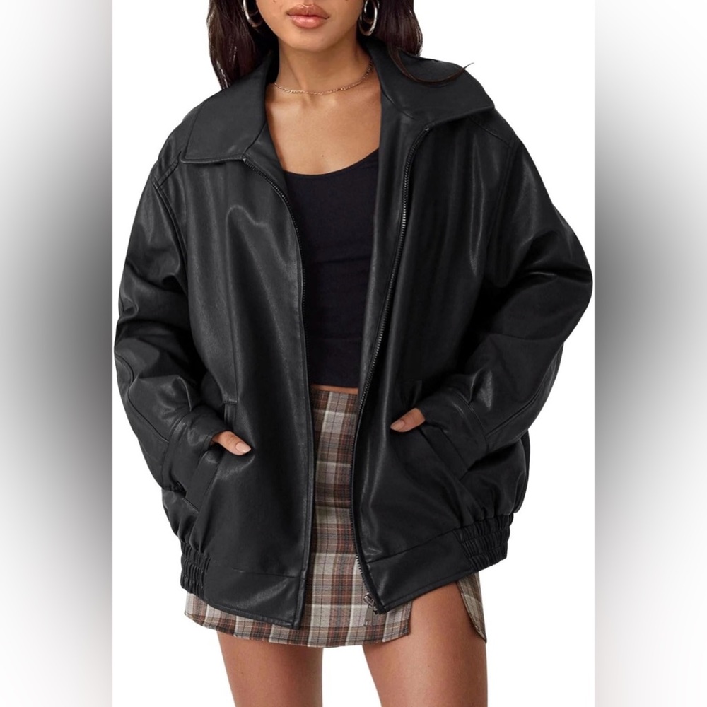 AUTOMET Oversized Faux Leather Jacket Fall Motorcycle Style Coat with Zipper